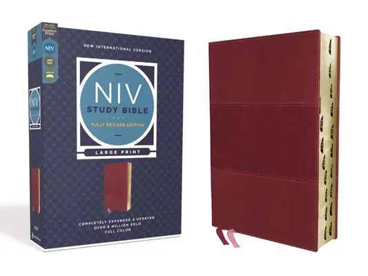 NIV Studienbibel, Vollständig revidierte Ausgabe, Großdruck, weiches Leder, Burgunder, rote Schrift, Daumenregister, Komfortdruck - NIV Study Bible, Fully Revised Edition, Large Print, Leathersoft, Burgundy, Red Letter, Thumb Indexed, Comfort Print