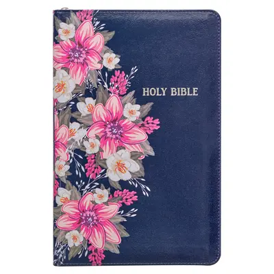 KJV Heilige Bibel Standardgröße Kunstleder Red Letter Edition - Daumenregister & Bandmarker, King James Version, blau geblümt, Reißverschluss - KJV Holy Bible Standard Size Faux Leather Red Letter Edition - Thumb Index & Ribbon Marker, King James Version, Blue Floral, Zipper Closure